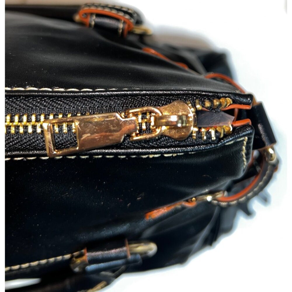 Black Leather Handbag w Gold Hardware & Tassel Accents Red Interior Pockets - Picture 5 of 9